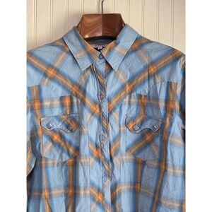 Roper Shirt Womens XL Blue Orange Plaid Western Snap Front Long Sleeve Pockets‎